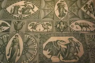 Le Lion amoureux ou Léda, conçu par Jean-Baptiste Huet pour Oberkampf à Jouy-en-Josas vers 1809, coton tigré imprimé au rouleau ‒ Musée royal de l'Ontario.