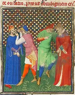 Miniature d'un manuscrit médiéval faisant figurer la mutilation de deux empereurs (aveuglement et nez tranché).