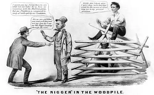 Caricature illustrant l'expression « nigger in the woodpile&nbsp;(en) », 1860.
