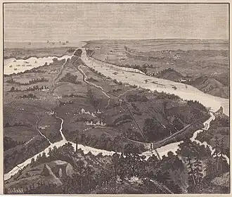 Gravure de 1887 montrant une vue d'artiste de l'ensemble de l'aqueduc, vu du nord.