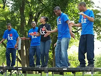 Photographie de jeunes pratiquant la step dance, debout sur une scène sous des arbres