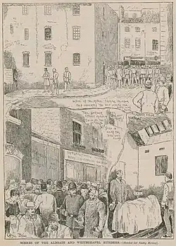 Attroupement sur la scène des meurtres de Berner Street et Mitre Square ; le cadavre d'Elizabeth Stride à la morgue (Penny Illustrated Paper, 6 octobre 1888).