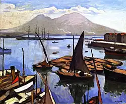 Peinture montrant des barques et des voiliers sur l'eau, avec au fond deux mamelons montagneux