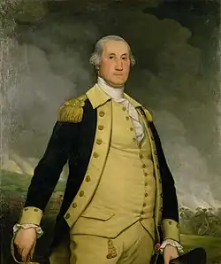 Portrait d'un homme d'âge mûr avec des cheveux blancs, portant un uniforme militaire noir et jaune crème. Il se tient en position trois quarts, tenant une épée et un chapeau noir.