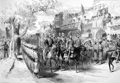 Gravure noir et blanc d'un défilé militaire