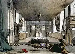 tableau de l'intérieur d'une chapelle quadrangulaire, avec des religieuses en prière.