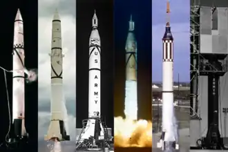 La famille Redstone. De gauche à droite : PGM-11 Redstone, Jupiter-A, Jupiter-C, Juno I, Mercury-Redstone et Redstone Sparta.