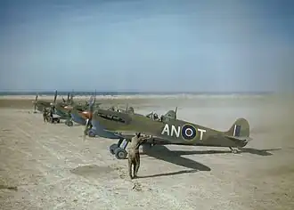 Des Spitfire Mark V de la Royal Canadian Air Force sur l'aérodrome de Goubrine en Tunisie, avril 1943.