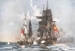 Peinture d'une bataille navale entre un petit navire et un grand navire, ce dernier étant couvert d'hommes grimpant sur son bastingage.