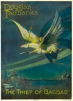 Affiche montrant le nom de Douglas Fairbanks, avec un cavalier arabe sur le dos d'un cheval ailé blanc qui s'élance dans les airs