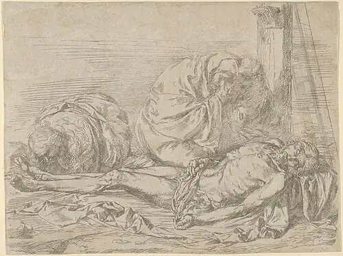 La Vierge, Saint Jean-Baptiste et Marie-Madeleine pleurant le corps du Christ, 1624, gravure et pointe sèche (contre-épreuve), Metropolitan Museum of Art, New York .