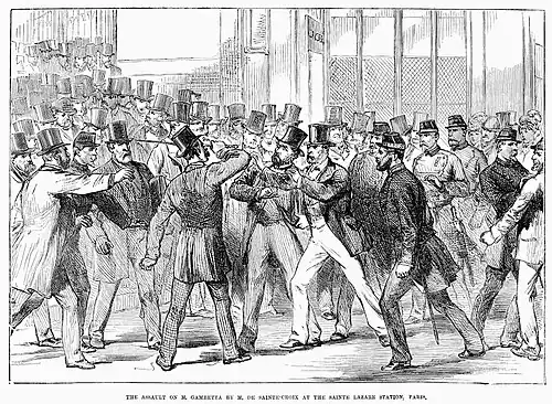 Gravure de presse montrant une altercation en public.