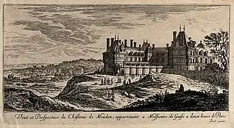 Vue du château de Meudon, vers 1600. En réalité, le village de Meudon était accolé au mur de clôture.