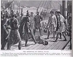 Dessin d'un homme menotté et maintenu à terre sur un navire, devant un groupe d'hommes