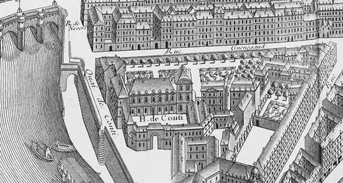 Le quai de Conti avec l'ancien hôtel de Conti sur le plan de Turgot, vers 1737.