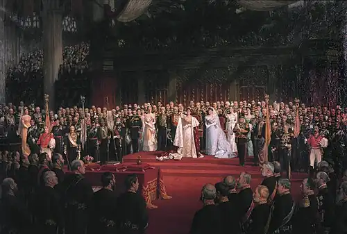 Huile sur toile représentant une jeune femme en robe longue claire prêtant serment sur une estrade tapissée de rouge et entourée de nombreux personnages en uniforme ou en costume d'apparat.