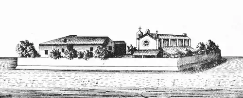 Dessin en noir et blanc montrant une petite île carrée avec des bâtiments bas, quelques arbres et une église sans clocher.