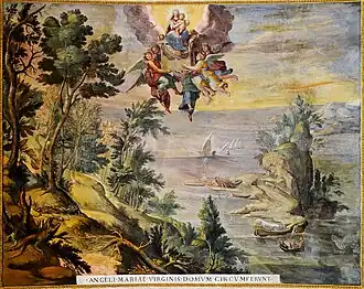 Peinture. Des anges soutiennent dans les airs un petit bâtiment sur lequel sont assis la Vierge et l'Enfant.