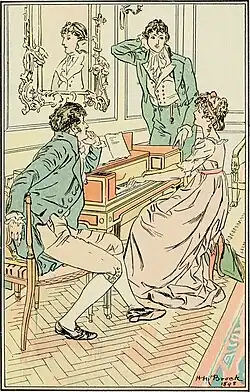 Illustration en couleurs. Elizabeth assise au piano, entre Darcy, debout, et le colonel, assis