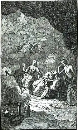 Gravure. Dans une caverne rocheuse, divers personnages dont une reine alanguie au centre.