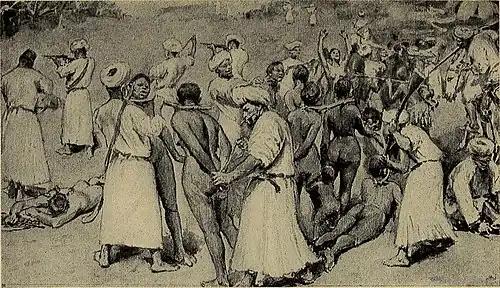 La Douleur et l'espoir du Soudan égyptien, 1913 ; illustration d'un raid d'esclave au Sud-Soudan au XIXe&nbsp;siècle.