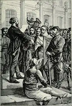 Gravure montrant un homme s'adressant à la foule.