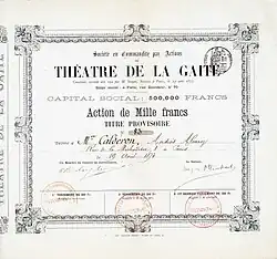 Action du Théâtre de la Gaité de 1000 francs, émise le 19 août 1873, signée en original par Jaques Offenbach en tant que gérant. Offenbach rénova le théâtre de fond en comble pour le rouvrir le 2 septembre 1873 avec "Le Gascon", un drame de Théodore Barière pour lequel il avait lui-même contribué à la musique. Offenbach investit 360.000 francs dans la mise en scène du drame historique "La Heine" de Victorien Sardou, dont la première eut lieu le 3 décembre 1874, mais le succès ne fut pas au rendez-vous, ce qui entraîna finalement la dissolution de la société.