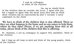 Typewritten pleas by five congressmen to "think of the children", in different fonts and pitch sizes