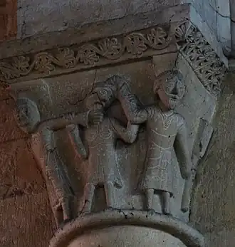 Deux personnages en molestant un troisième.