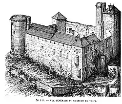 Le château de Thizy, dessin de Victor Petit.