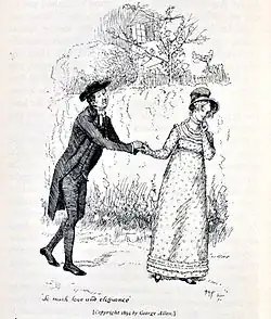 Gravure. Un clergyman ridicule tient la main d'une jeune fille rougissante