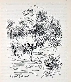 Illustration en noir et blanc. Dans un paysage boisé, plusieurs hommes en bord de rive, pêchant.