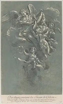 Des anges portant la Toison de Gédéon (1729), eau-forte et bois d'après un dessin d'Antonio Orazi