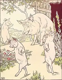 Dessin de trois petits cochons se tenant sur leurs pattes et d'une truie sur le pas d'une chaumière.