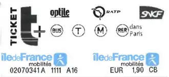 Le ticket t+ depuis 2018, blanc avec les logos d'IDFM.