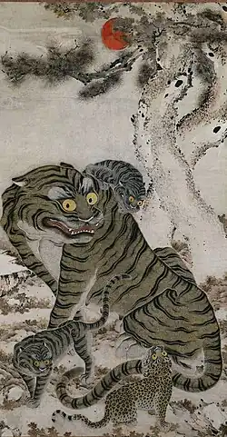 La famille tigre. Rouleau suspendu, encre et couleur, papier. H. 262&nbsp;cm. Fin XVIIIe. Cleveland Museum of Art