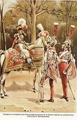 Trompettes et timbalier des lanciers polonais de la Garde impériale en grande tenue, les trompettes portant des bottines, par Bronisław Gembarzewski.