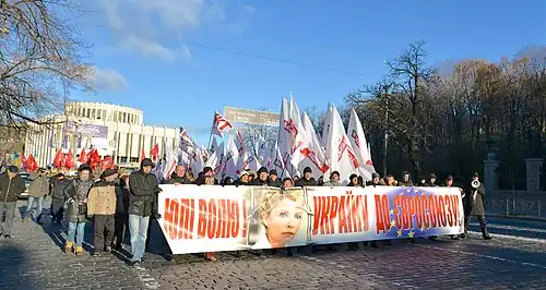 Partisans de Ioulia Tymochenko se dirigeant vers le siège du gouvernement pour réclamer sa libération (Kiev, novembre 2013).