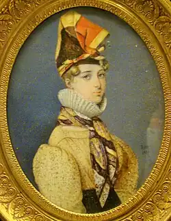 Miniature de 1829 représentant une grisette bordelaise coiffée du madras traditionnel des Antillaises.