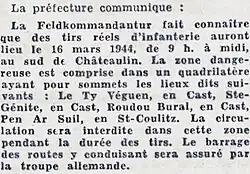 Communiqué de la kommandantur transmis par la préfecture du Finistère annonçant des exercices de tirs de l'infanterie allemande sur le territoire des communes de Cast et Saint-Coulitz.( Journal "La Dépêche de Brest et de l'Ouest" du 14 mars 1944).