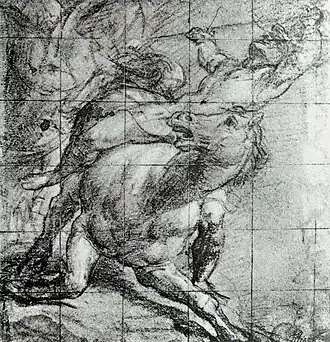 Étude de cheval et de son cavalier. Vers 1537. Craie noire sur papier bleu. 27&nbsp;×&nbsp;26&nbsp;cm. Ashmolean Museum.