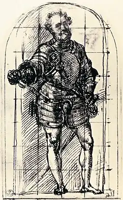 Étude pour le portrait du duc d'Urbino. vers 1536. Plume et encre noire / papier blanc coloré en jaune. 23&nbsp;×&nbsp;14&nbsp;cm. Galerie des Offices.