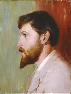 Tableau en couleur d'un visage complètement de profil vers la gauche sur fond blanc et rouge. Cheveux bruns clair et longue barbe, le sujet regarde droit devant lui, vers la gauche.