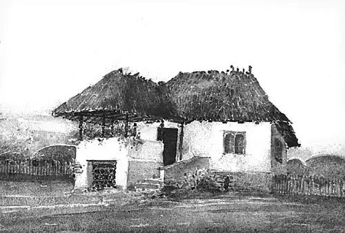 Aquarelle de Toma T. Socolescu - Ancienne maison de Ploiești tel qu'il en existait jusqu'au début du XXe&nbsp;siècle.