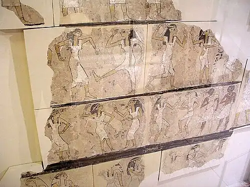 Tombe des danseuses, plâtre peint, Thèbes, XVIIe&nbsp;dyn.Ashmolean Museum.