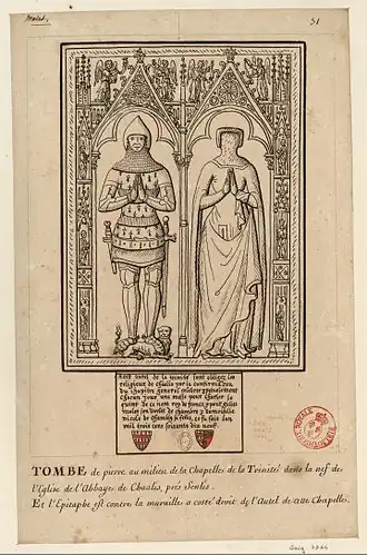 Deux gisants, l'un chevalier en armure, l'autre dame, le tout dans un décor architecturé