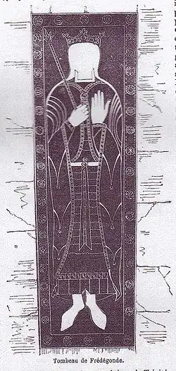 VIe siècle : gisant gravé sur dalle funéraire (Frédégonde)