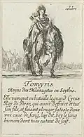 Tomyris dans le Jeu des Reines renommées, l'un des jeux de cartes pédagogiques à l'usage du jeune roi de France Louis XIV commandés par Mazarin en 1644 à Jean Desmarets de Saint-Sorlin et Stefano Della Bella.