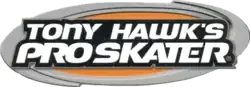Logo du jeu Tony Hawk's Pro Skater. La photo représente une forme ovale de couleur orange avec un contour gris en fond et au premier plan le titre du jeu sur deux lignes.