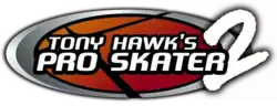 Logo du jeu Tony Hawk's Pro Skater 2. La photo représente une forme ovale de couleur marron en fond et au premier plan le titre du jeu sur deux lignes. Le chiffre deux dépasse largement sur la droite de la planche.